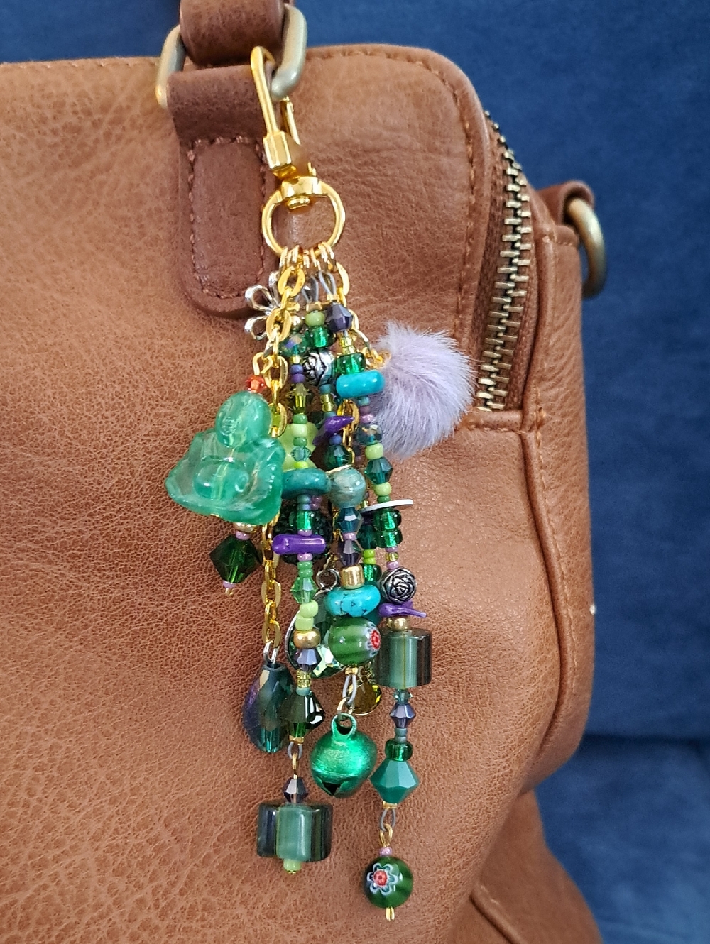PURSE CHARM Handcrafted Colorful Beaded BagCharm, Fun, Eclectic, Green/Purp, 5"